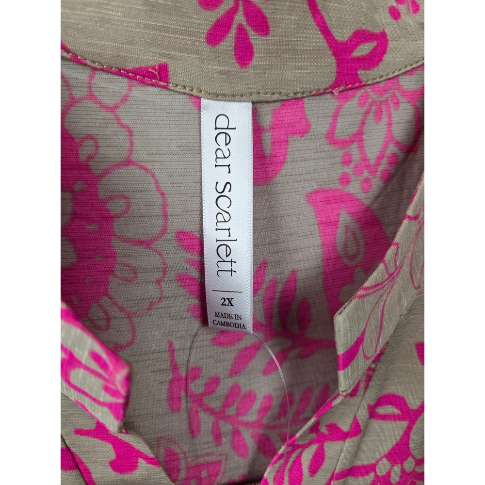 Dear Scarlett Pink Floral Paisley Split Neck Roll Tab Sleeve Tunic Top 2X NEW - Picture 3 of 10